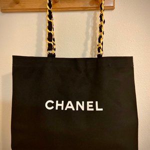 Chanel Canvas Tote Logo Classic Wide Gold Strap